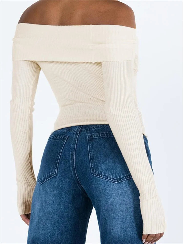 Off Shoulder Pullovers Solid Color Ribbed Slash Neck Long Sleeve Exposed Navel Knitwear Sweater 4