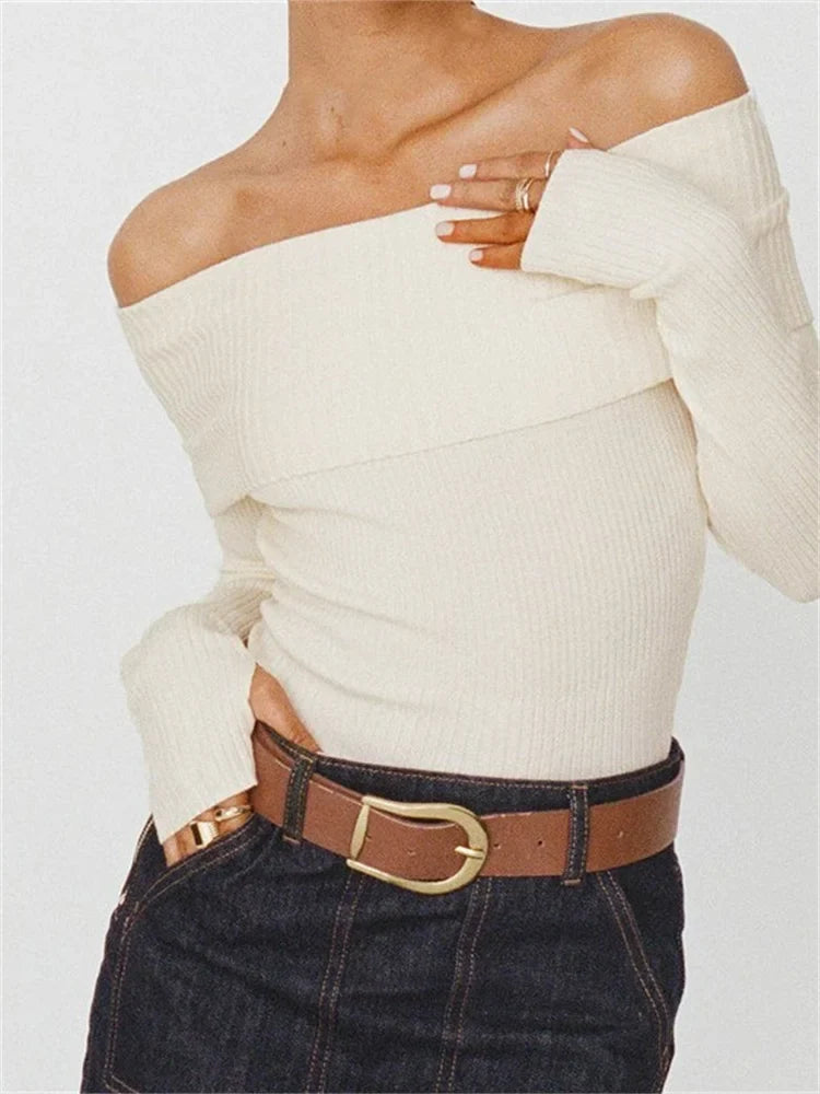 Off Shoulder Pullovers Solid Color Ribbed Slash Neck Long Sleeve Exposed Navel Knitwear Sweater 3