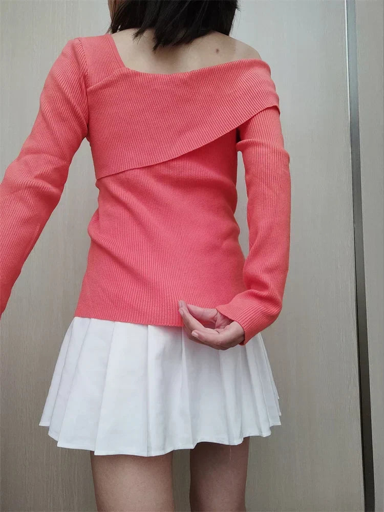 Off Shoulder Irregular Neck Long Sleeve Ribbed Knitted T-shirts