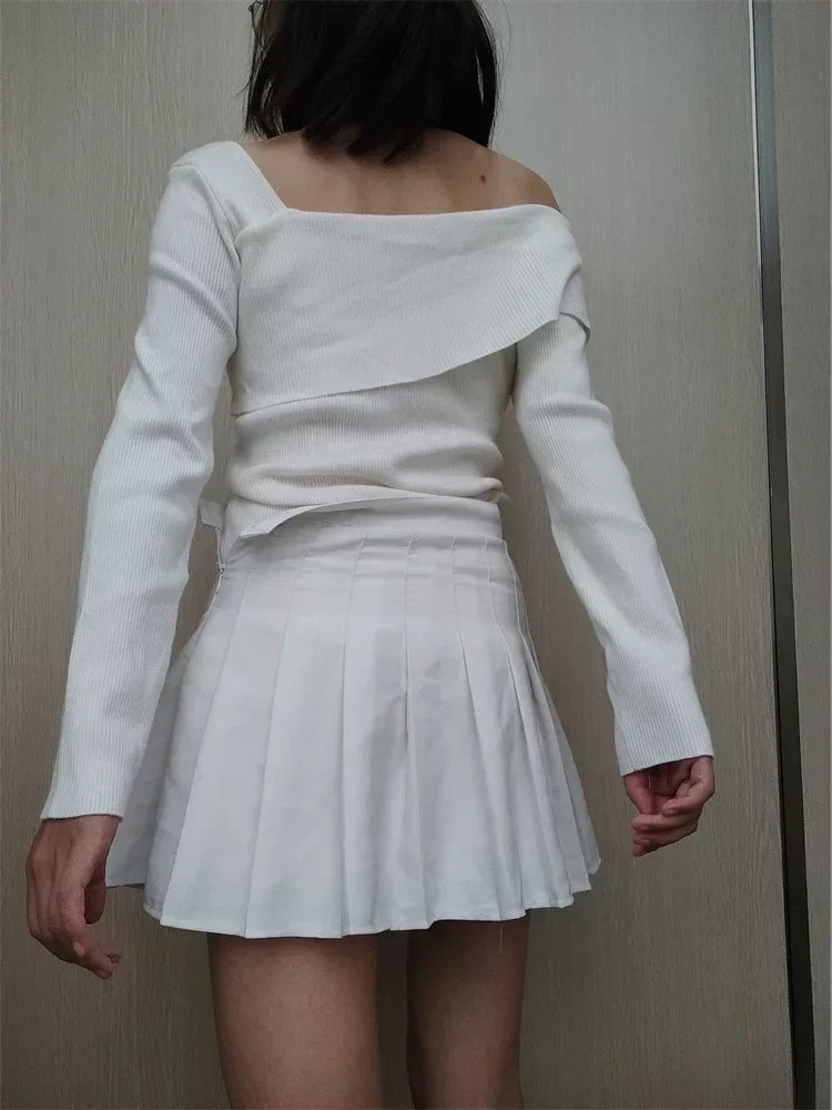 Off Shoulder Irregular Neck Long Sleeve Ribbed Knitted T-shirts
