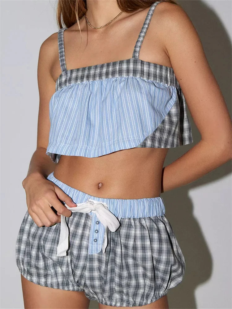 CHRONSTYLE Women Pajamas Sets 2 Pieces Loungewear Suits Plaid Print Camis Cropped Tank Tops Drawstring Shorts Sleepwear Outfits