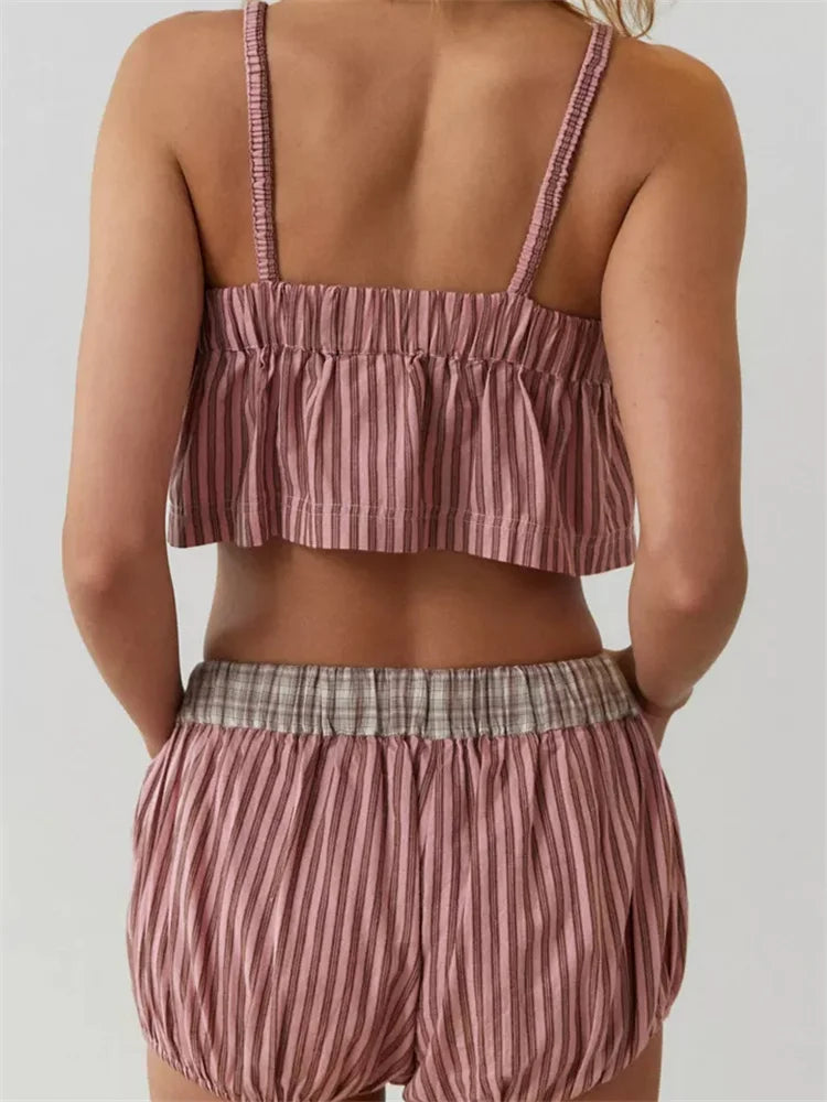 CHRONSTYLE Women Pajamas Sets 2 Pieces Loungewear Suits Plaid Print Camis Cropped Tank Tops Drawstring Shorts Sleepwear Outfits