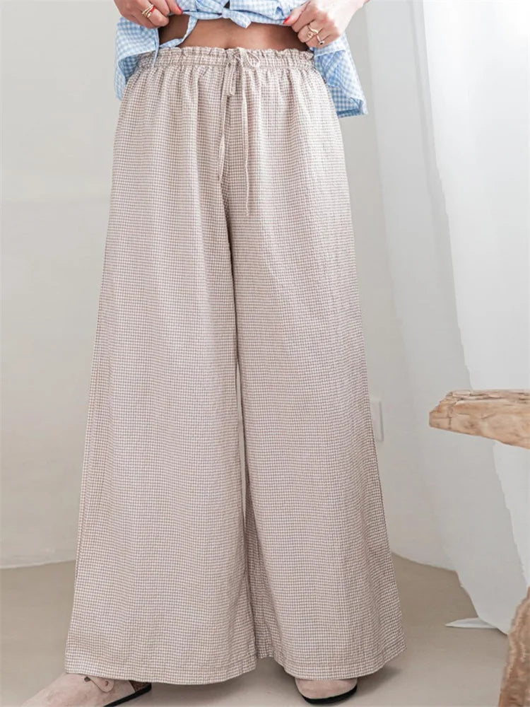 Plaid Print Drawstring Elastic Waist Loose Pant