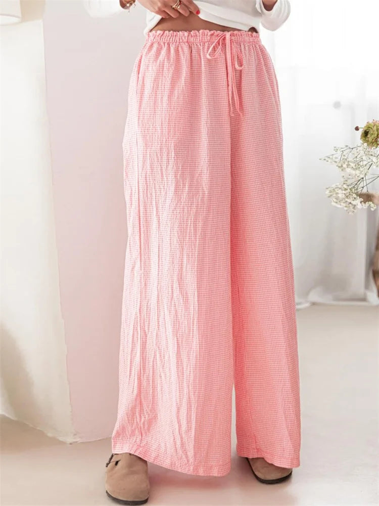 Plaid Print Drawstring Elastic Waist Loose Pant