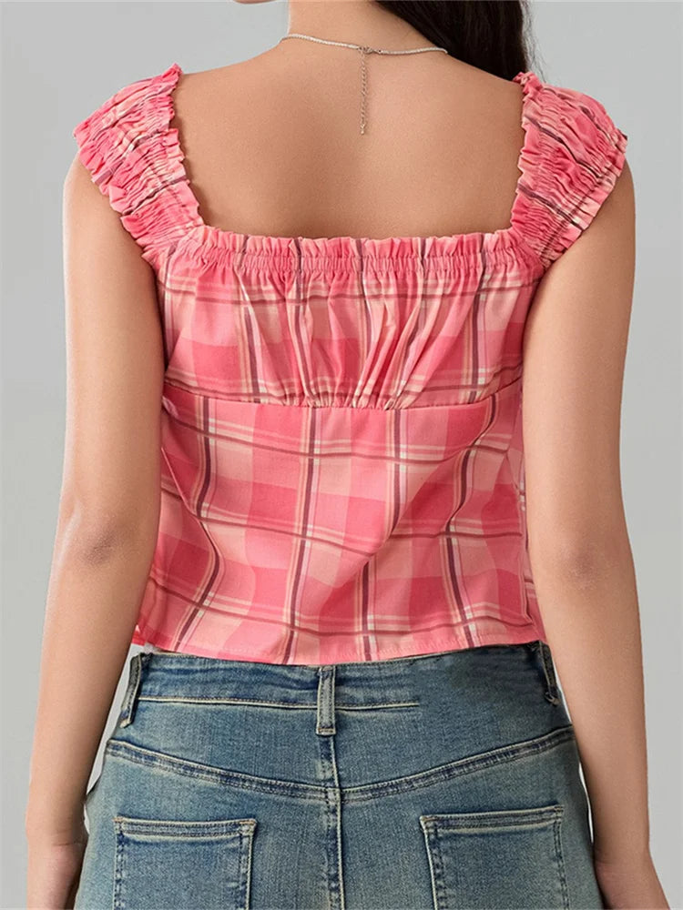Plaid Round Neck Front Split Sleeveless Crop Top