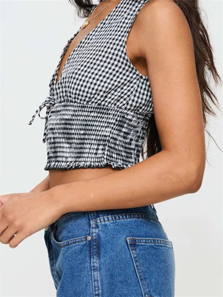 Plaid Bow Ruffle Hem Deep V-neck Crop Top