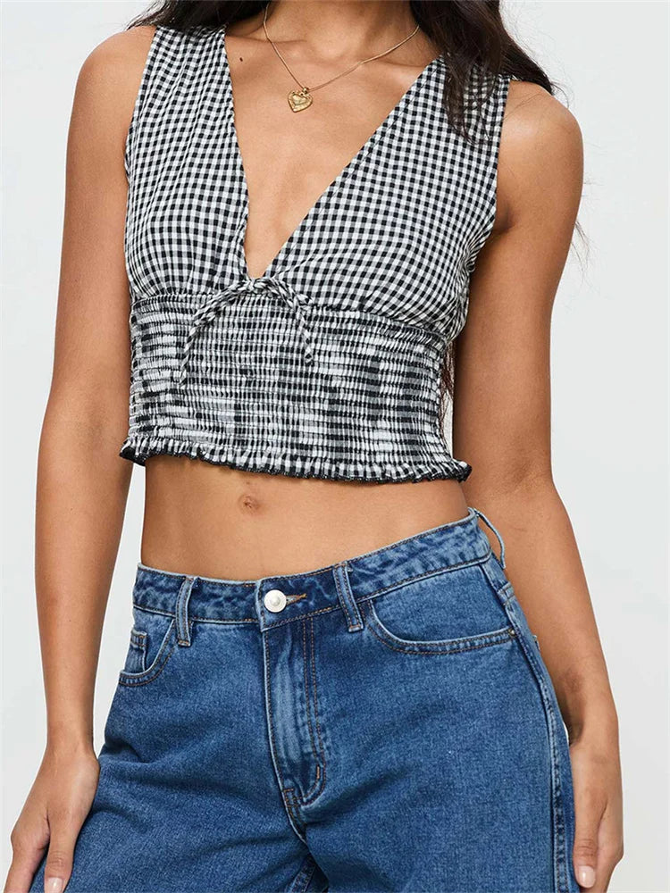 Plaid Bow Ruffle Hem Deep V-neck Crop Top