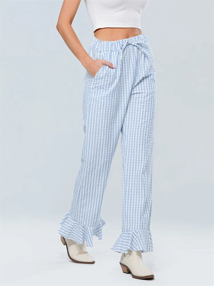 Plaid Flared Drawstring High Waist Casual Pant