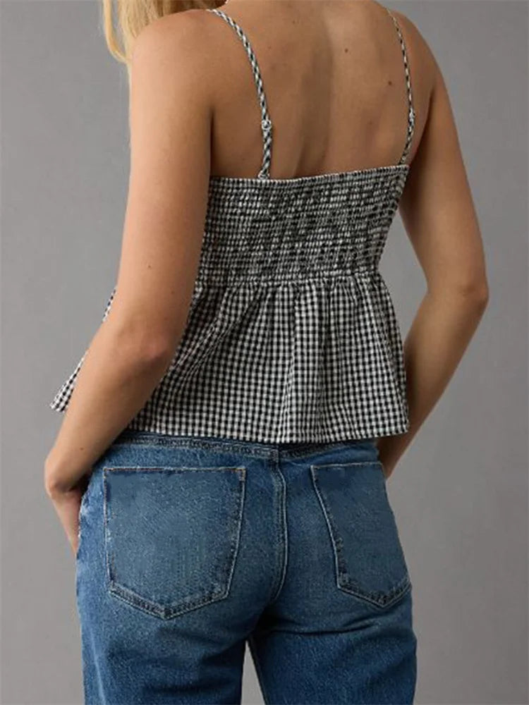 Plaid Ruffle Hem Square Neck Spaghetti Crop Top