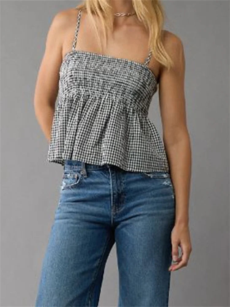 Plaid Ruffle Hem Square Neck Spaghetti Crop Top