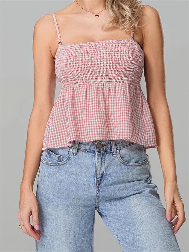 Plaid Ruffle Hem Square Neck Spaghetti Crop Top