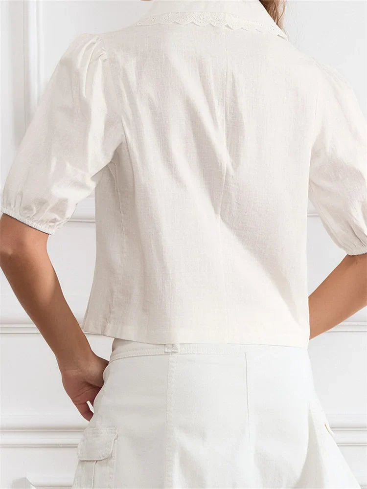 Lace Trim Front Tie-Up V-neck Blouse