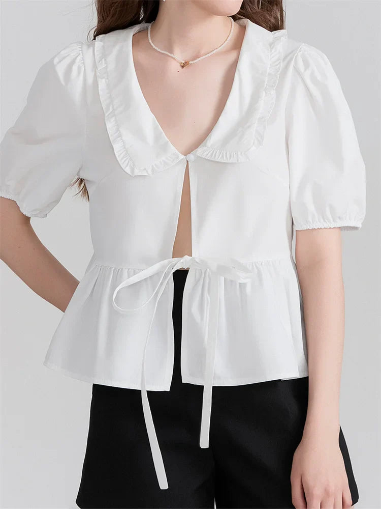 V-neck Front Bowknot Tie-Up Blouse