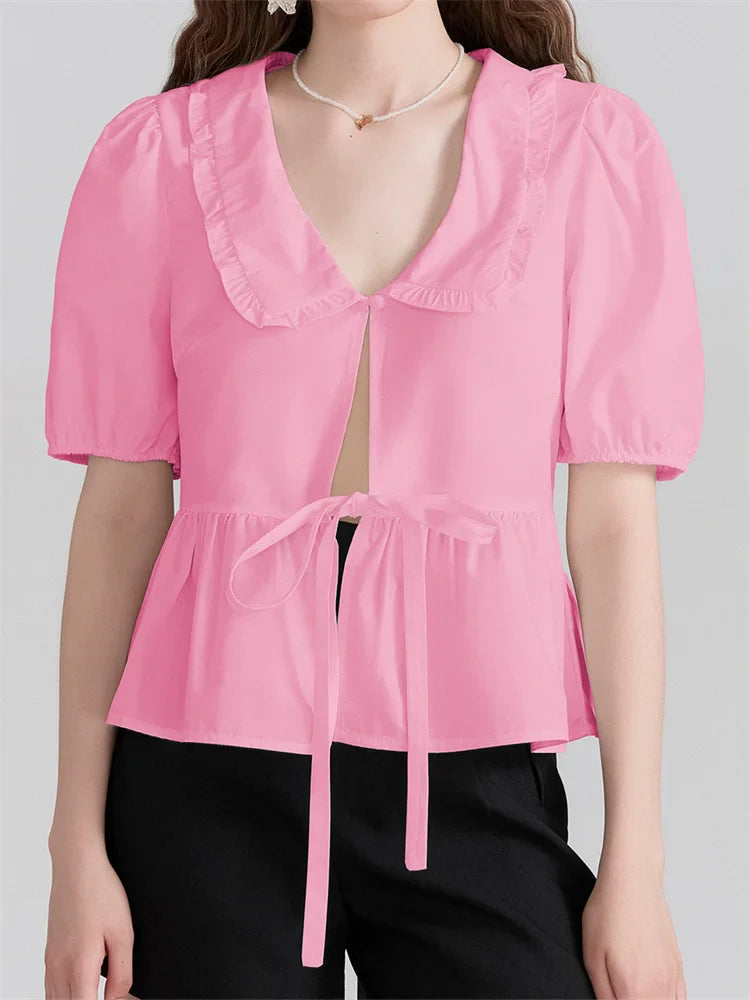 V-neck Front Bowknot Tie-Up Blouse
