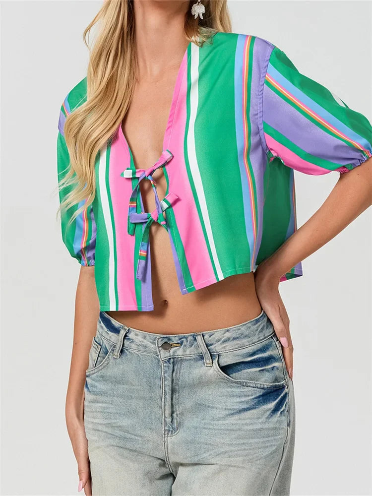 Split Tie-Up Puff Sleeve Blouse