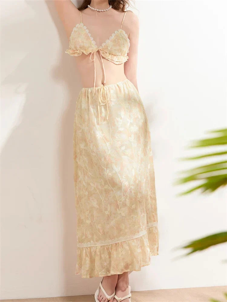 Backless Tie-up Camisoles Crop Top with Long Skirts Set