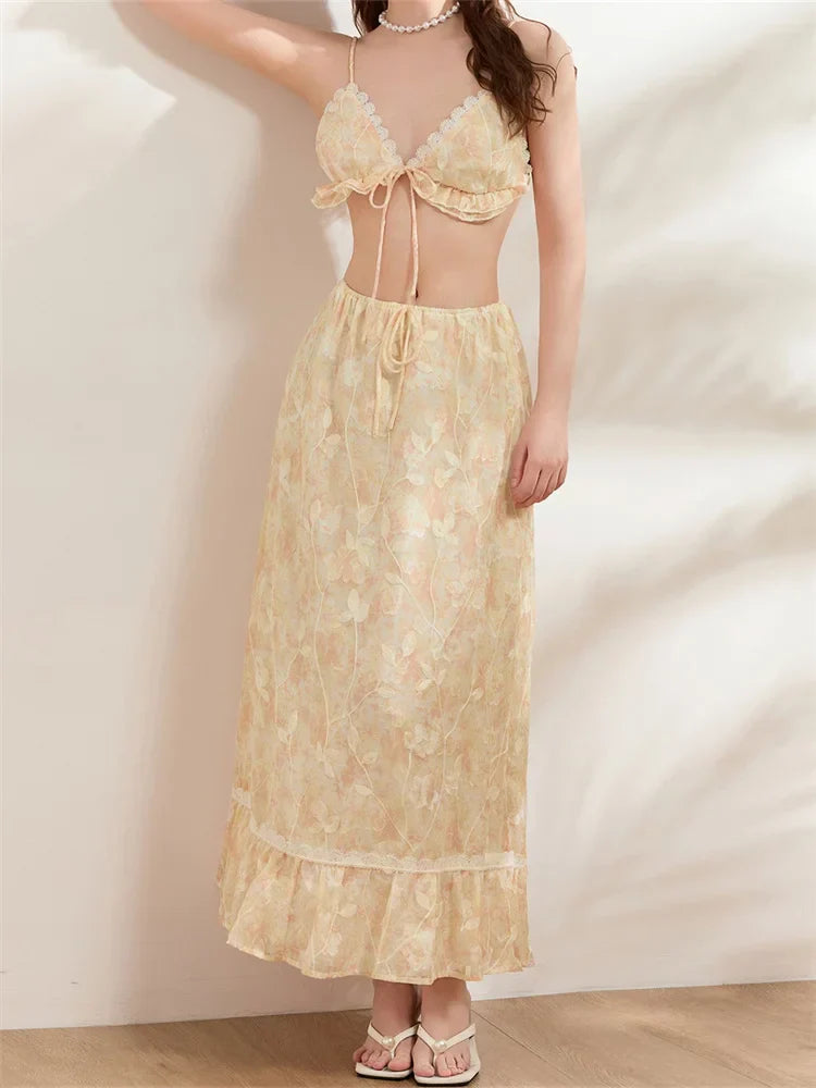 Backless Tie-up Camisoles Crop Top with Long Skirts Set