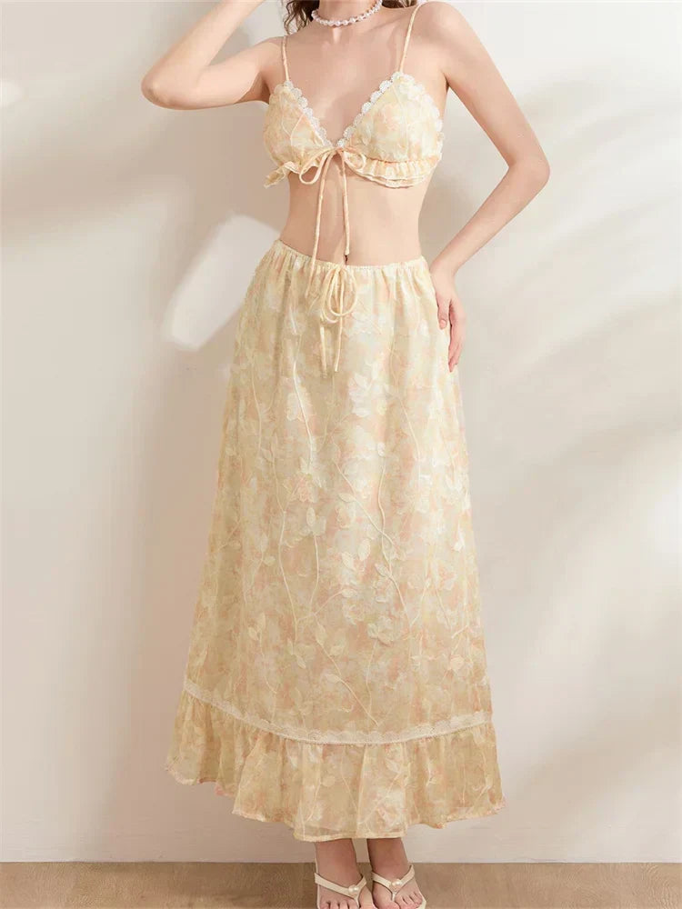 Backless Tie-up Camisoles Crop Top with Long Skirts Set