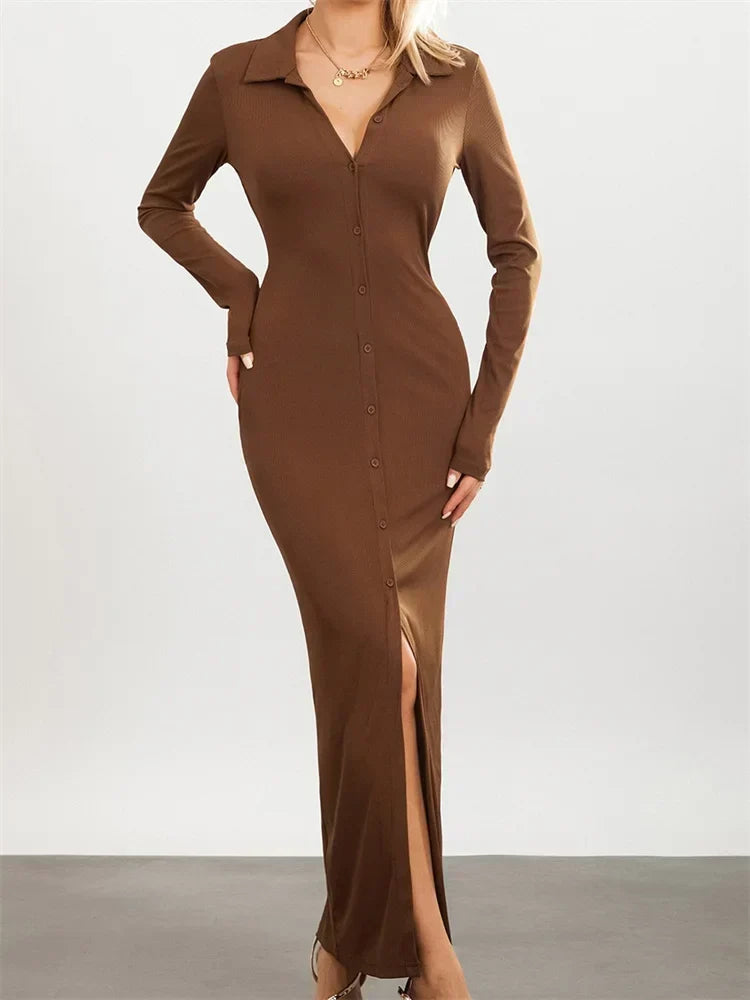 Women Slim Fit Sleeve Button Down Turn Down Collar Evening for Spring Fall Female Vestidos