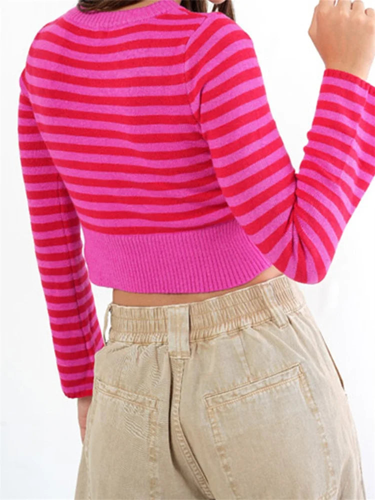 Spring Fall Knitted Exposed Navel Long Sleeve V Neck Cropped Striped Print Pullovers Sweater 2