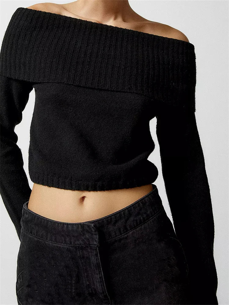 Spring Fall Knitted Solid Color Long Sleeve Off Shoulder Slash Neck Ribbed Slim Knitwear Sweater 5