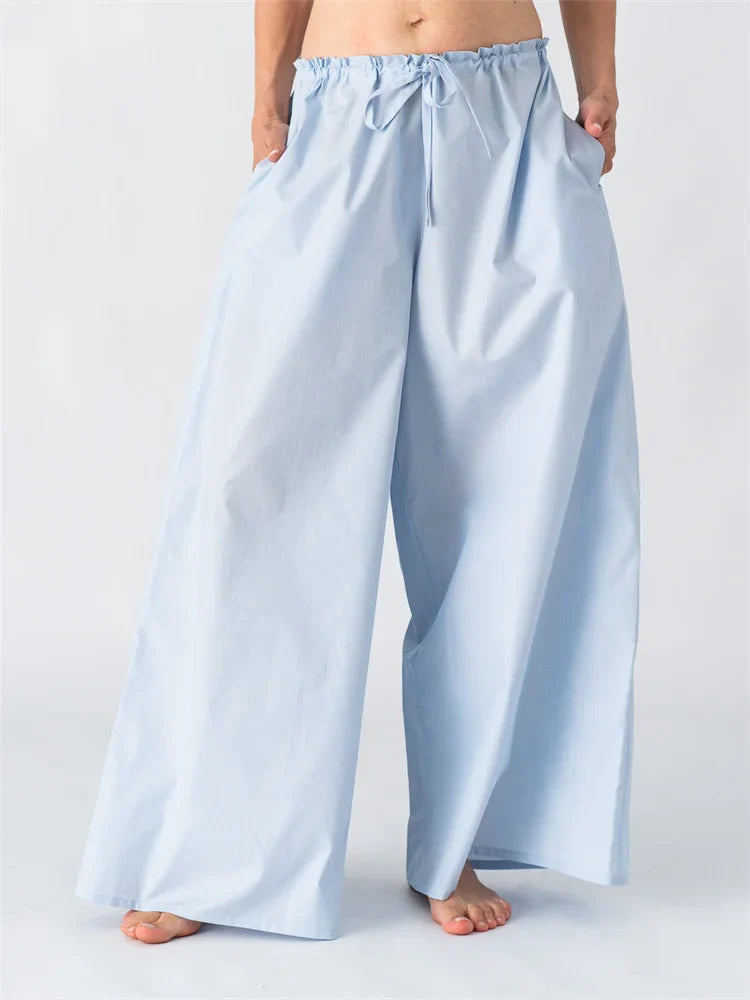 Solid/Striped Baggy Drawstring Casual Wide Pant