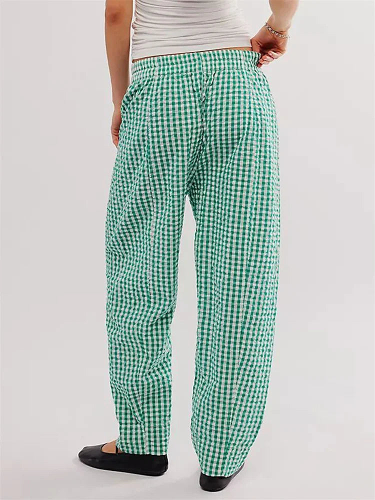 Plaid Print Elastic Waist Loose Wide Leg Pant