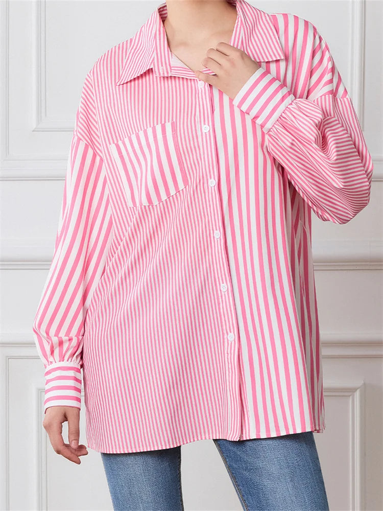 Striped Patchwork Button-Down Blouse