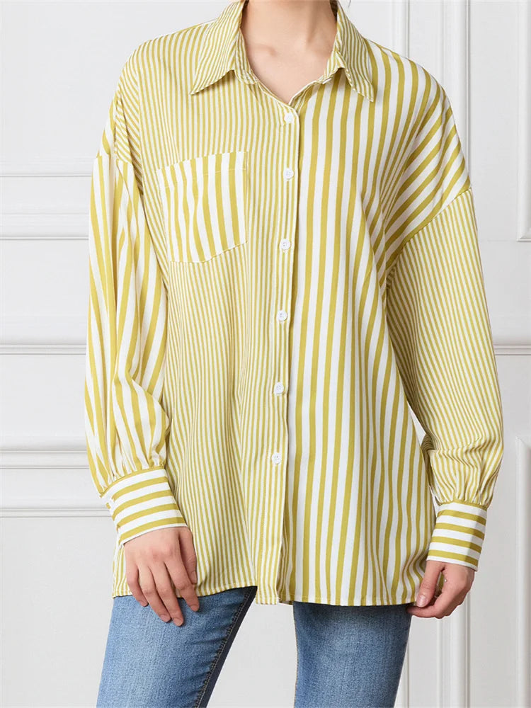 Striped Patchwork Button-Down Blouse