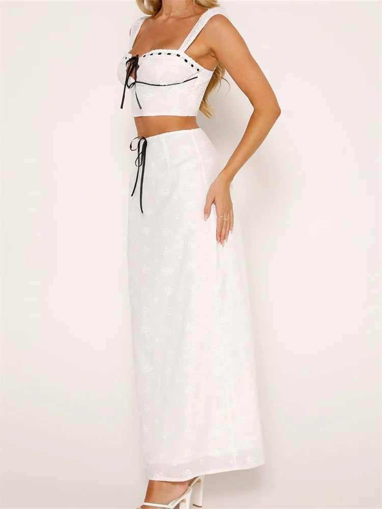 Embroidered Flower Sleeveless Crop Top High Waist Long Skirt