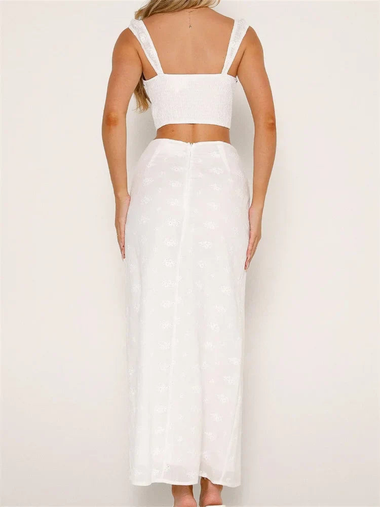 Embroidered Flower Sleeveless Crop Top High Waist Long Skirt