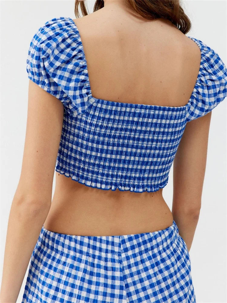 Plaid Print Knotted Short Sleeve T-shirt Crop Top with Elastic Waist Shorts Set