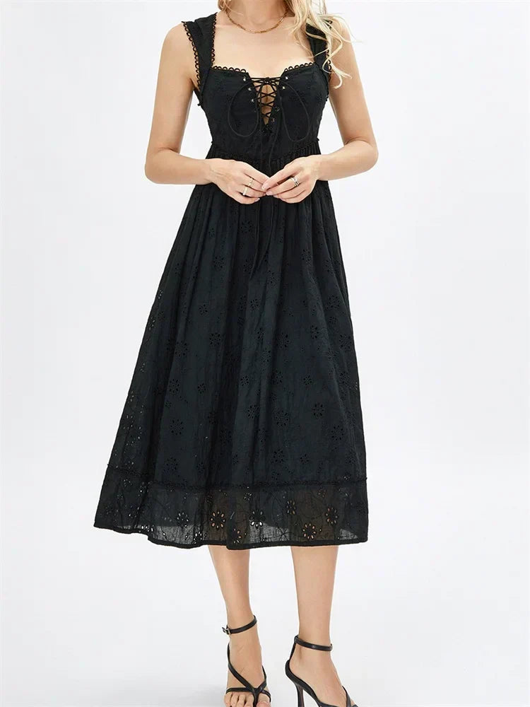 Women Summer Lace Floral Backless Tie-up Sleeveless Spaghetti Strap Hollow Out Party Female Vestidos