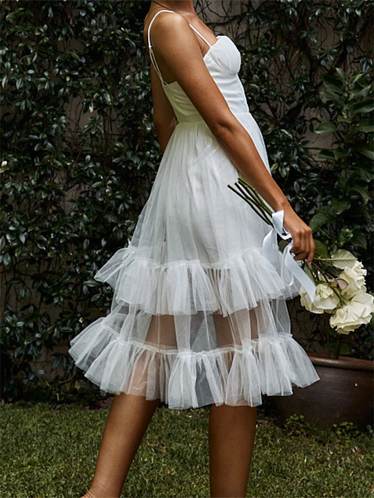Women Summer Solid Color Sleeveless Strap Summer Layered Tulle Ruffles Backless Party Vestidos