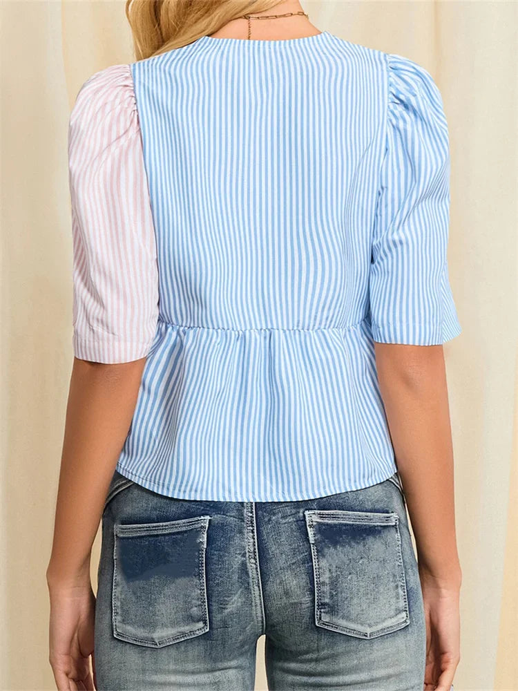 Striped Tie-Up Short Sleeve Blouse