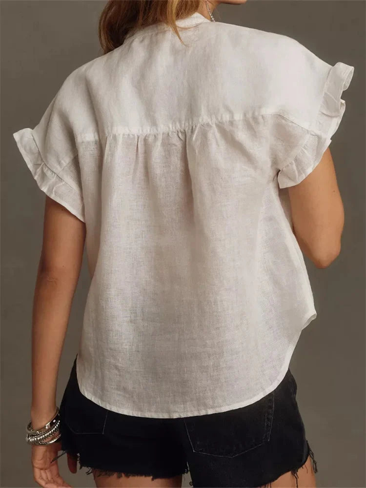 Solid Color Ruffle Short Sleeve Blouse