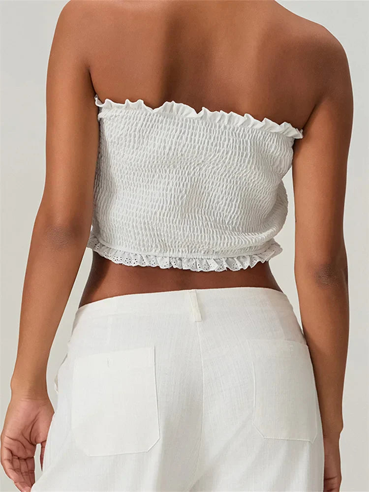 Tube Bow Lace Trim Ruched Plaid Crop Top