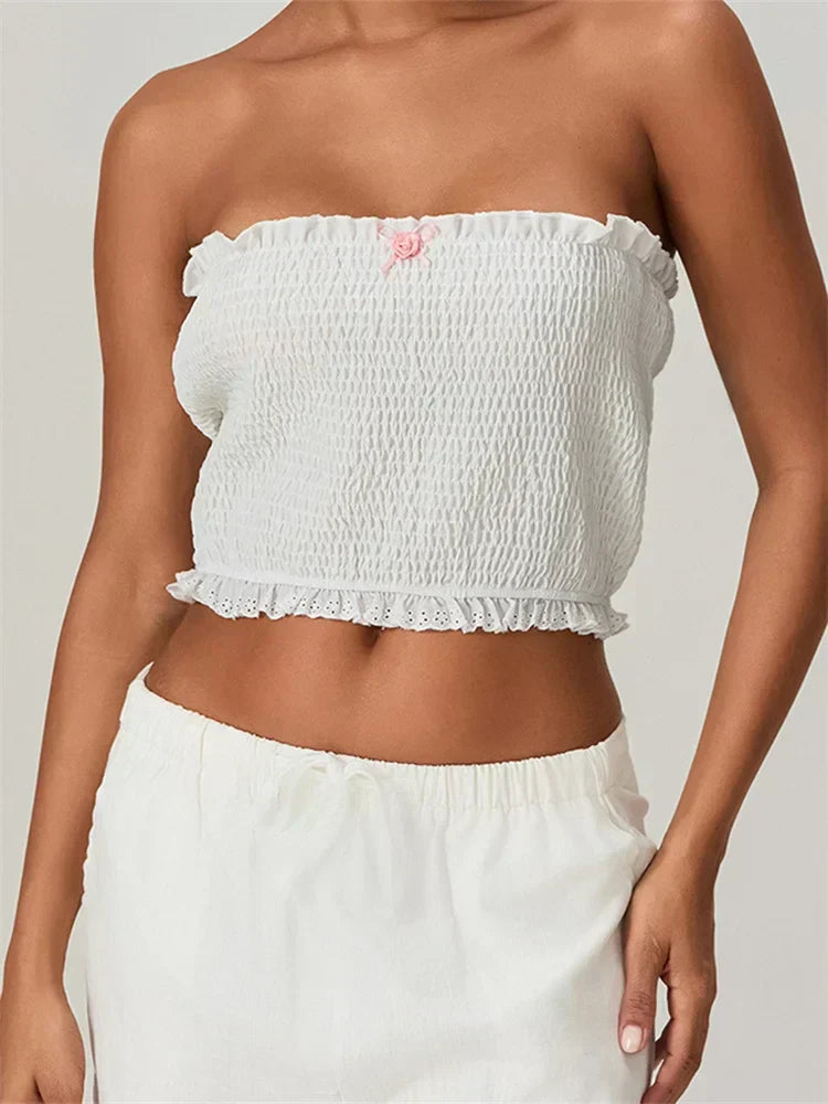 Tube Bow Lace Trim Ruched Plaid Crop Top WHITE / S croptop-250126