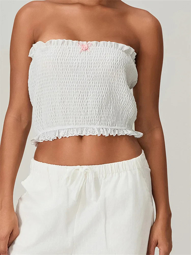 Tube Bow Lace Trim Ruched Plaid Crop Top