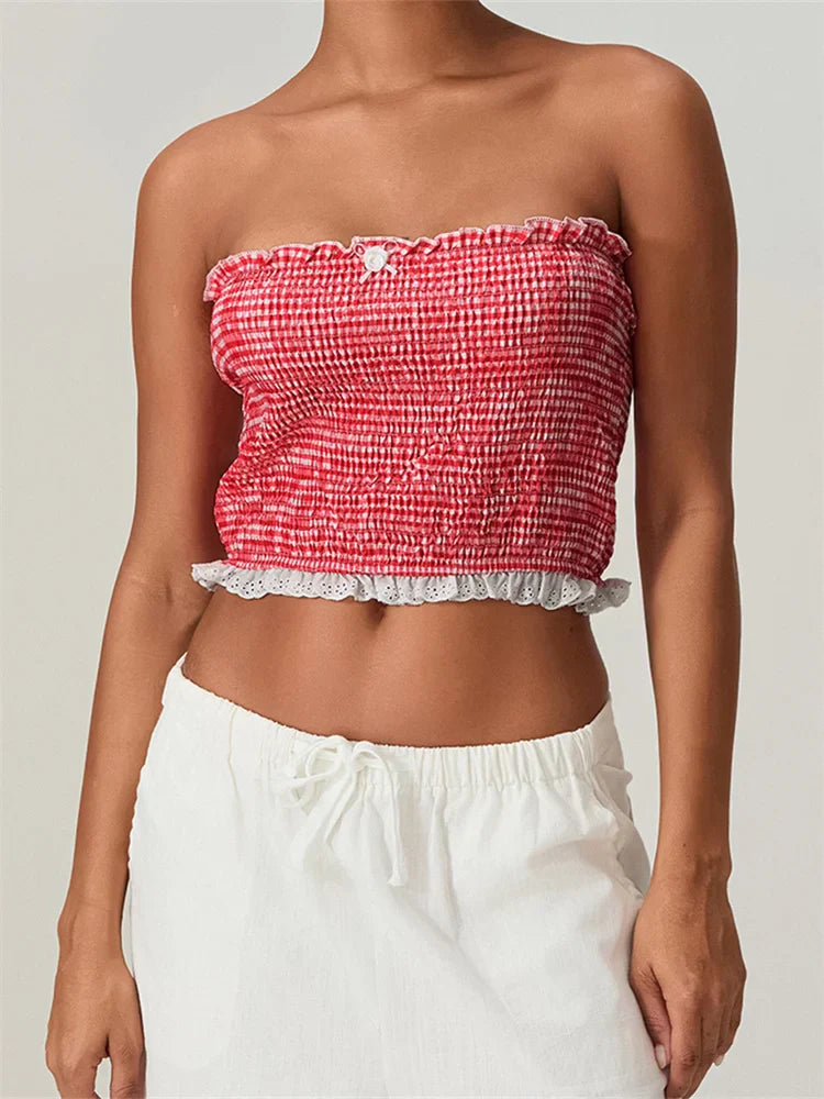 Tube Bow Lace Trim Ruched Plaid Crop Top