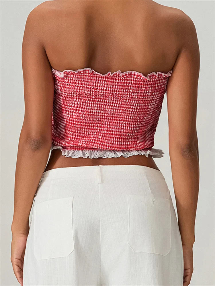 Tube Bow Lace Trim Ruched Plaid Crop Top