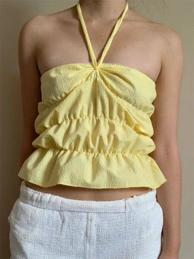 Strapless Plaid Ruched Backless Tube Crop Top