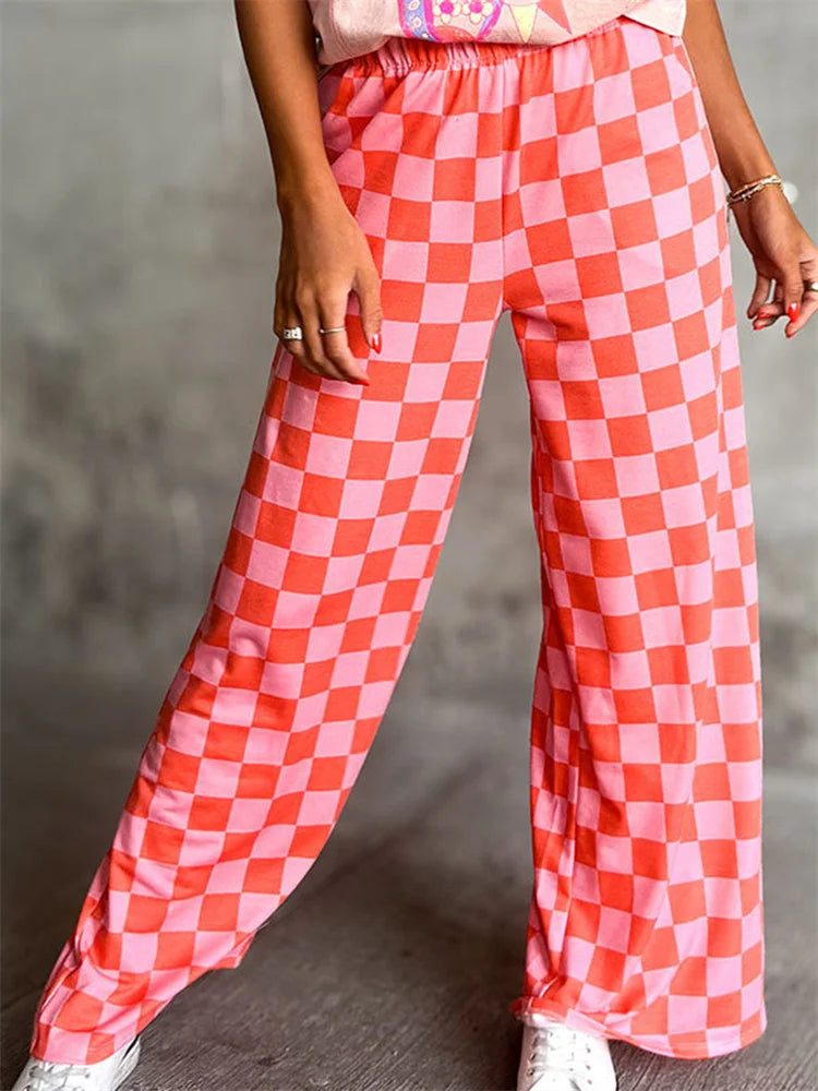 Plaid Print Wide Leg Elastic Waist Casual Pant