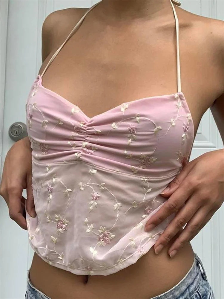 Y2K Floral Backless Tie-up Halter Crop Top