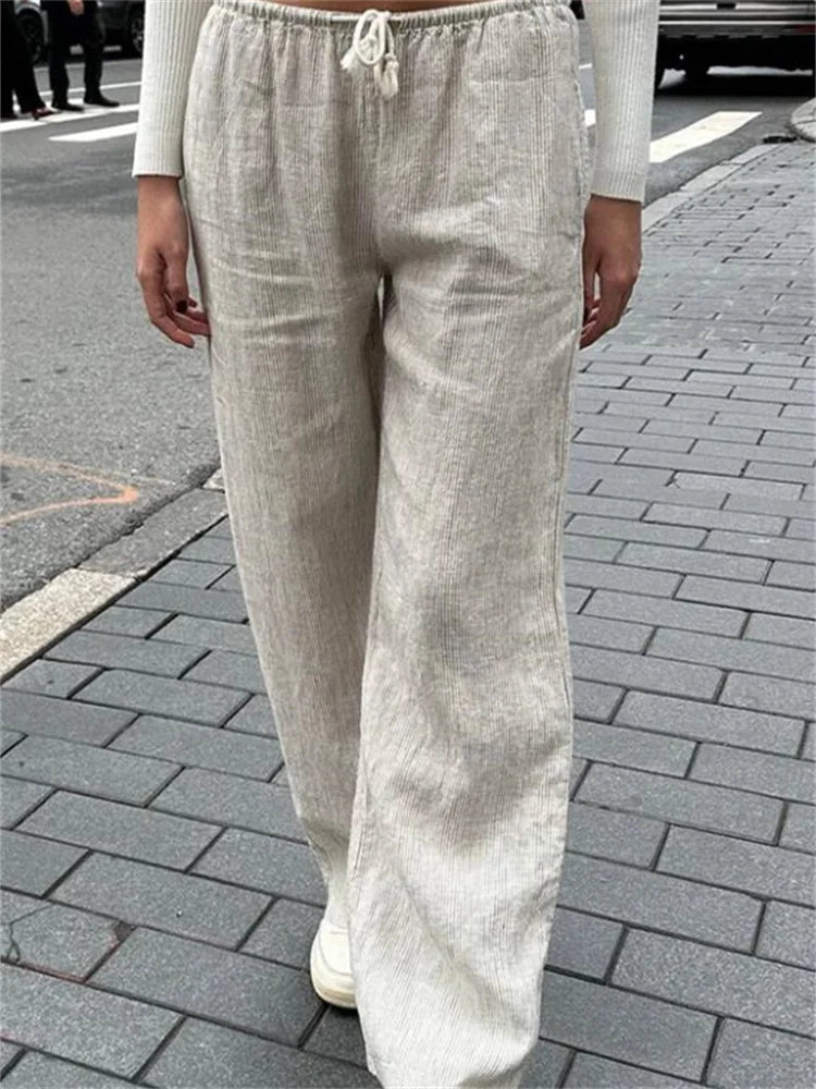 Casual Pinstripe Drawstring Loose Straight Street Pants