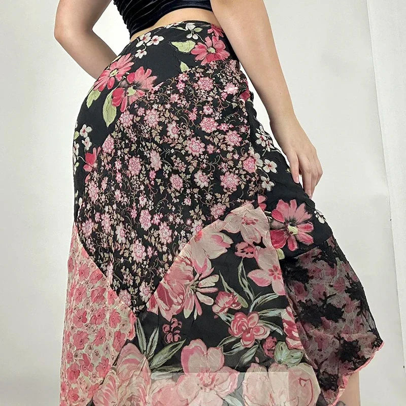 Chic Floral Print Low Rise Patchwork Skirt