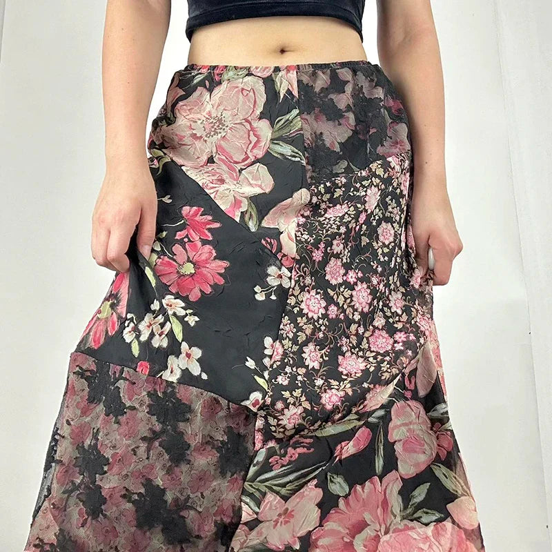 Chic Floral Print Low Rise Patchwork Skirt