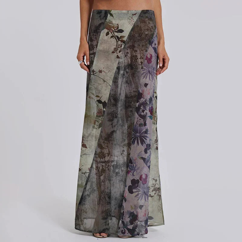 Retro Floral Print Long Patchwork Mesh Low Rise Skirt