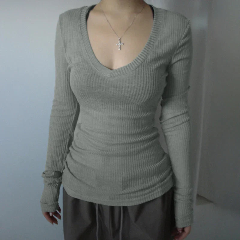 Slim-fitting Crop Top Micro-transparent V-neck Smock T-shirt Women