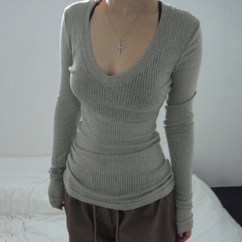 Slim-fitting Crop Top Micro-transparent V-neck Smock T-shirt Women